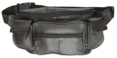 Large Black Solid Leather Waist Fanny Pack Belt Bag Travel Hip Purse Mens Women • $16.97