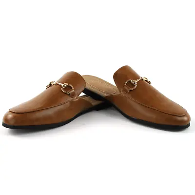 Men Cognac Brown Leather Backless Slip On Mule Gold Buckle Loafers Shoes AZARMAN • $38.99