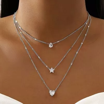 Ladies 3 Tier Necklace Dress Jewellery Multi Layered Star & Love Heart Zircon • £5.99