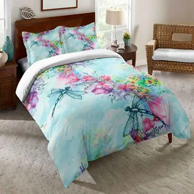 Watercolor Flower Dragonfly Quilt Cover Pillowcase Bedding Set Duvet Cover Set • $21
