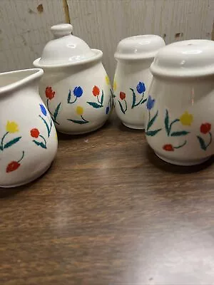 Ceramic Creamer & Sugar Bowl With Salt And Pepper Shakers - Tulip Flower Print. • $5.95