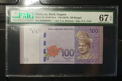 Malaysia Banknote Rm100 Pmg67epq Low Number Bq0000091 Zeti Gabenor • $118