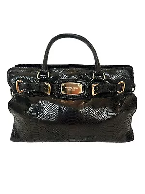 MICHAEL KORS GLOSSY EMBOSSED PYTHON LEATHER Hamilton SATCHEL Black • $39