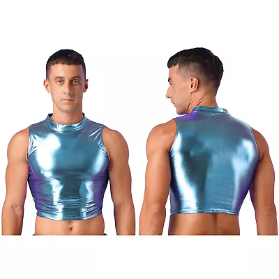 US Mens Shiny Metallic Tank Top Mock Neck Sleeveless Crop Tops Vest Streetwear • $8.35