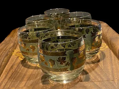 Vtg MCM Bar Glasses Cera 22k Gold & Green Grapes Roly Poly Lot Of 6 • $39.99