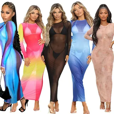 New Women's Long Sleeves Sexy Mesh See-through Bodycon Clubwear Party Midi Dress • $19.30