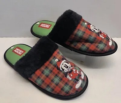 Disney Mickey Mouse Red Plaid Faux Fur Trim Slippers Size Adult L • £14.46