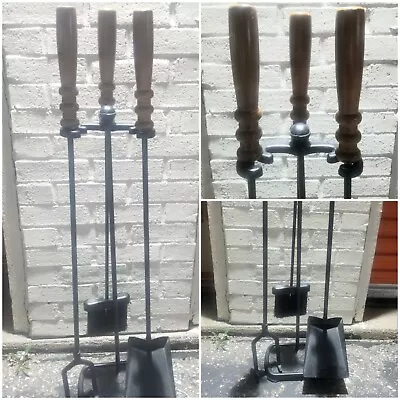 Vtg Mid Century Wooden Handle 3Pc Fireplace Tool Set W/ Stand • $175