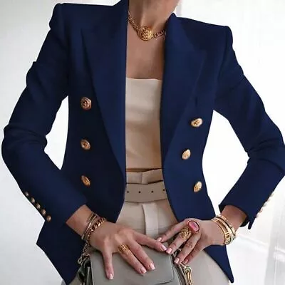 Womens Double Breasted Front Military Style Blazer Ladies Button Formal Jacket • £18.49