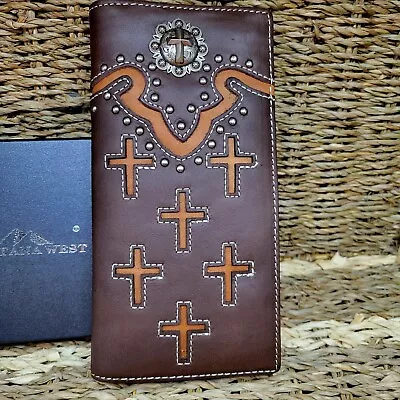 Montana West Wallet  Cross Pattern Genuine Leather Bifold Checkbook Style In Box • $45