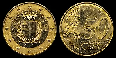 2008 Malta 50 Euro Cent Coin Arms Of Malta 12 Stars Of The European Union • $7