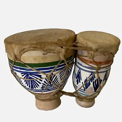 Moroccan Bongo Drums Goat Skin Hand Painted Ceramic 6x7 Inch Tam Tam Africa • $27