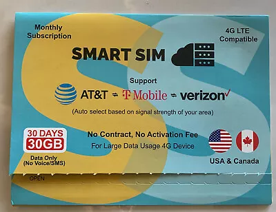 SmartSim 30GB 30Days Prepaid SIM Card 4G LTE Support AT&T T-Mobile And Verizon • $22