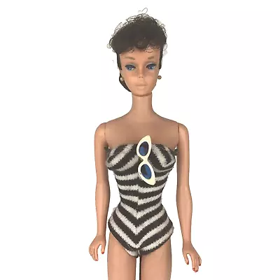 Vintage Barbie Brunette Ponytail #5 Barbie Doll Original Suit Sunglasses Stand • $248