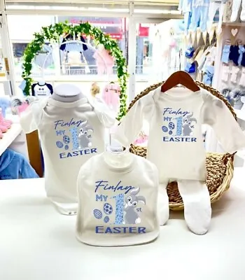 £5.99 • Buy Personalised Baby Boys 1st Easter Bib Vest Grow Pyjamas First Easter Pjs Bunny