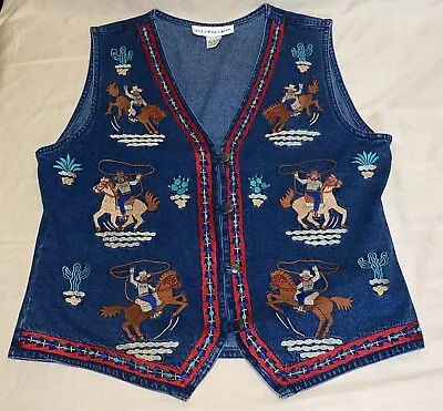 Vntg 90’s Ladies Southwest Cowboy Cactus Rodeo Wear Embroidered Denim Vest Large • $29
