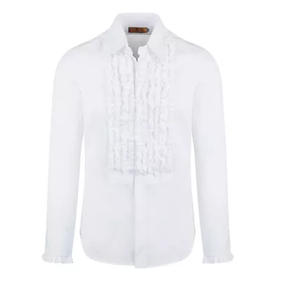 Chenaski White Ruffle Ruche Frill Dinner Tuxedo Retro 70s Shirt • £40.01