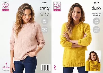 King Cole Chunky Knitting Pattern - 6039 Ladies Sweaters & Cowl • £4.65