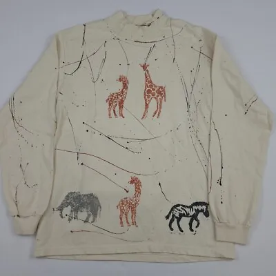 Vintage 90s Art Animal Print Shirt Vtg 1990s Artwork Mock Giraffe Zebra Elephant • $19.99