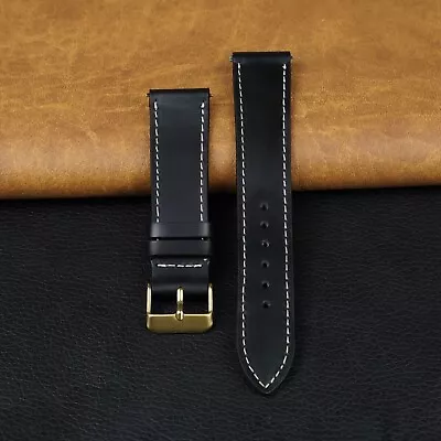 Flat Black Leather Watch Band Strap Quick Release Gold Buckle Men 18mm 20mm 22mm • $17.99