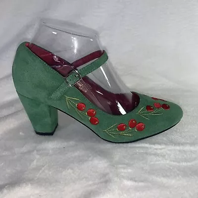 Lulu Hun Green Suede Embroidered Pumps Retro UK 5 US 7 NWOT Unworn Pin Up Shoes • £57.84