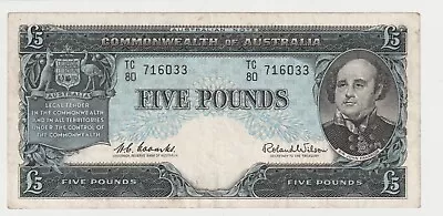 1960 Comm. Of Australia 5 Pounds Banknote - Coombs/Wilson - R50- Fine - # 31919 • $78
