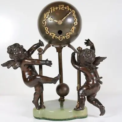 RARE ANTIQUE JUNGHANS SPHERE MANTEL CLOCK With BRONZE CHEREUBS & MARBLE PLINTH • $1073.51