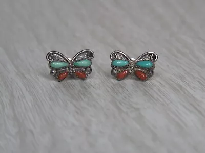 VTG Sterling Silver?? Turquoise Red Coral Zuni Butterfly Stud Earrings READ • $24.99