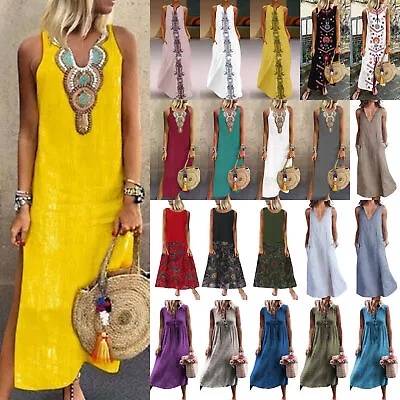 $20.99 • Buy Womens Summer Boho Sleeveless Kaftan Maxi Dress Holiday Beach Sundress Plus Size