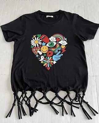 Lauren Moshi Joanie Retro Elements Heart Logo Graphic Womens Black Top Size S • $99.95