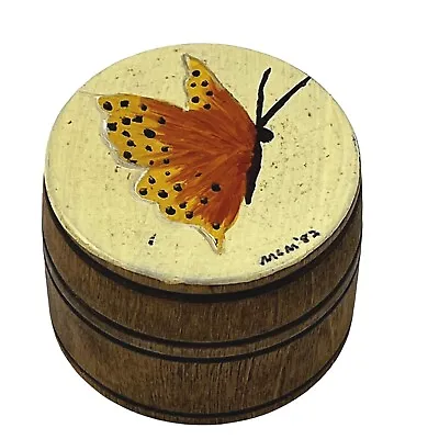 Vintage Artist Signed Butterfly Hand Painted Wood Trinket Box 1982 Yellow Brown • $12