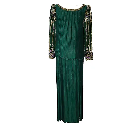 George F Couture 8 Ball Gown Pleated Green Beads Pageant Cruise Wedding Pleated • $149.95