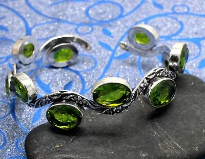 925 Sterling Silver Green Peridot Gemstone Handmade Jewelry Cuff Bracelet S-ADJ • $21.24
