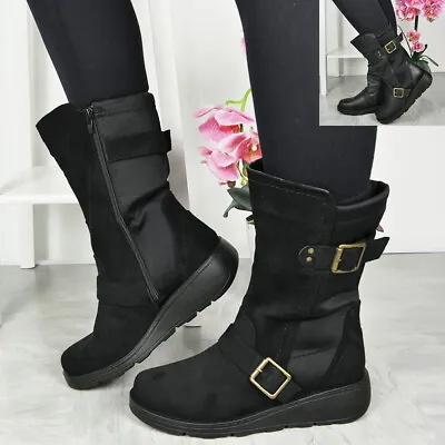 WIDE FIT Wedge Boots Shoes Ladies Winter Casual Warm Lined Zip Comfy Women Sizes • £31.41