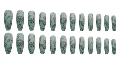 False Nails Long Coffin Khaki Matte Floral Print 24pk + Nail Tabs 0099 • £3.99