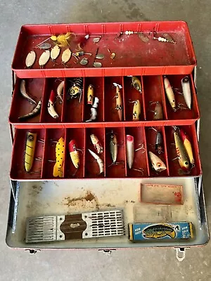 Old Vintage Red Metal Tackle Box With 29 Lures Hooks Heddon Crazy Crawler • $120