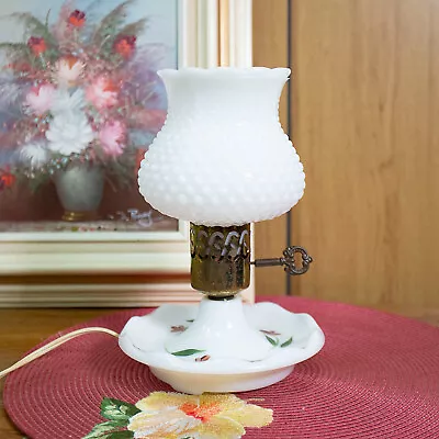 VTG Milk Glass Hobnail Bedroom Lamp White Bedside Floral Hand Painted 9  Tall • $22.99