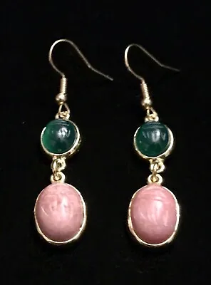 Vintage Egyptian Retro Pink & Green Sacred Scarab Beetle Gold Tone Hook Earrings • $24.99