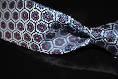 NWOT Morigi Milano Italy Thick Heavy Woven Silk Navy Hexagon Red Spot 7 Fold Tie • $11.50