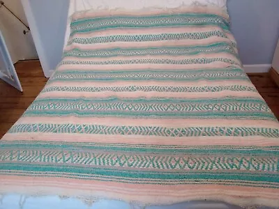 £4.20 • Buy Vintage Large Cotton Blanket Mexican Striped Green White Peach Beige Woven Throw