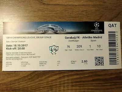 Atletico Madrid Garabagh Ticket UEFA Champions League Mint 2017 Spain Azerbaijan • $29