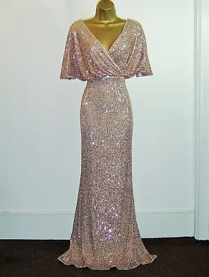 Quiz Sequin Rose Gold Size 8 Angel Sleeve Evening Party Prom Maxi Dress Gown • £36.99