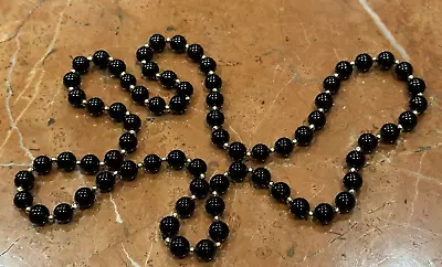Vintage Jet Black Glass Bead 29  Pull Over Necklace Gold Spacers Euc • $22.50