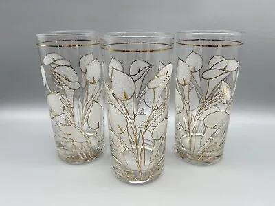 Set Of 3 Vintage Culver Ice Flower Calla Lily 22k Highball Glasses Glassware • $49.99