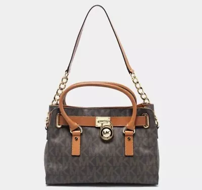 Michael Kors Jet Set Brown Signature Medium Hamilton PVC Leather Satchel Purse • $51