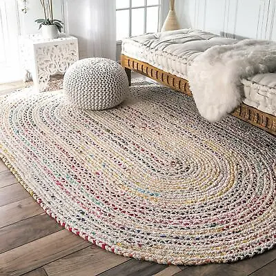 Rug 100% Natural Cotton Braided Oval Rug Reversible Modern Living Area Rugs • $25.19