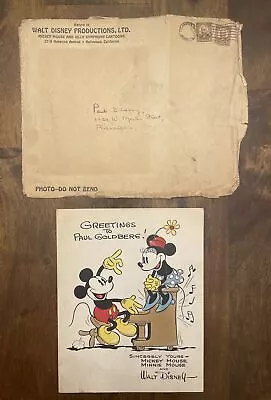 RARE 1930s WALT DISNEY MICKEY & MINNIE MOUSE FAN CARD HAND COLORED WITH ENVELOPE • $86