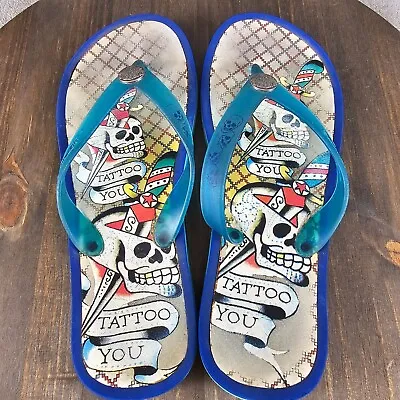 Vintage Ed Hardy Flip Flops Women's Size 9-10 Tattoo You Skull Print Colorful • $24.89