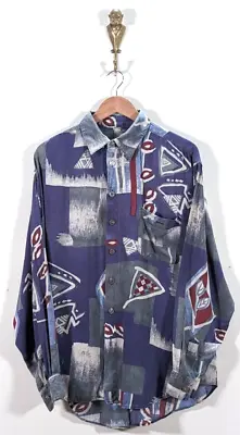 Gc Happy Life Purple And Grey Abstract Patterned Button Up Wavey Shirt Long Slv. • £22