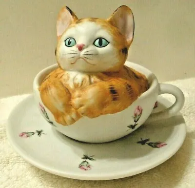 Brown Tiger Tabby Cat In Rose Teacup Porcelain Figurine MANN Japan Vintage • $12.99